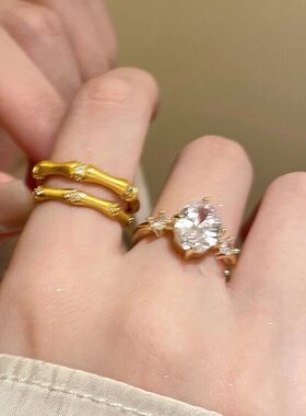 韩系轻奢锆石几何开口戒指精致时尚素圈食指戒气质高级感手饰配饰