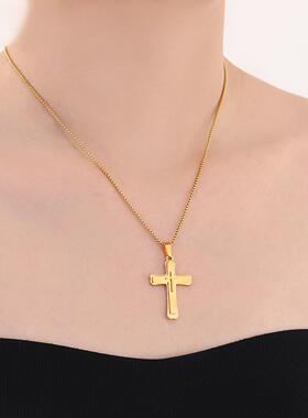 欧美嘻哈复古男士十字架钛钢项链潮流立体三层不锈钢吊坠饰