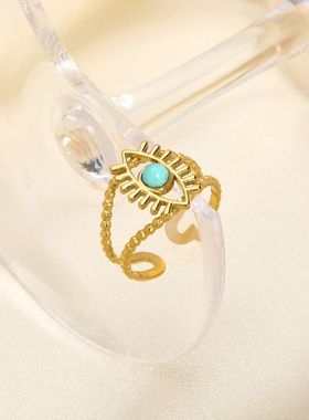 欧美热卖ins复古不锈钢戒指18K金饰品不掉色绿松石戒指开口可调节