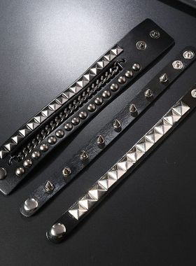 欧美新款朋克时尚男士多层复古皮革手链个性铆钉链条牛皮手环手镯