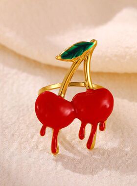钛钢可爱水果戒指清新樱桃草莓开口不掉色指环18K镀金小众rings