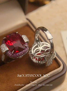 红色方形锆石戒指女王范时髦指环欧美风复古满钻高级感