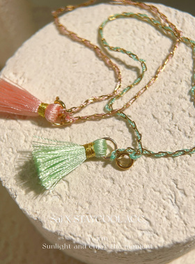 法式风珠珠手链女士粉色绿色编织流苏手绳ins风