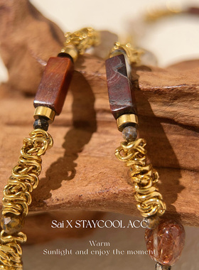 美拉德色红虎眼石金色串珠OT扣短款项链女士锁骨链北欧风46cm