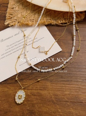 白贝母椭圆形吊坠女士项链北欧高级感锁骨链轻奢钛钢