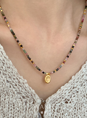 彩色碧玺方珠吊坠项链天然石串珠