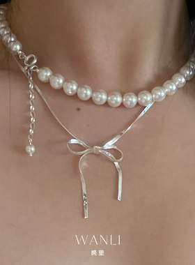 S925纯银刀片链蝴蝶结项链女温柔