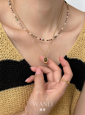 挽里钛钢镀金女虎眼石项链百搭女