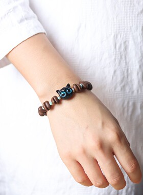 咖啡豆黑色猫咪串珠女可爱手作款小众百搭手串个性设计情侣手饰男