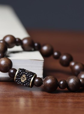 圆珠单圈加里曼丹沉香手串拼黑檀男女文玩佛珠手链念珠装饰品