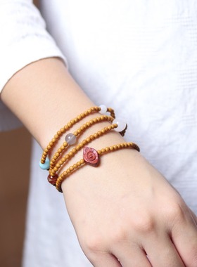 天然多宝多圈手串橄榄核圆珠雕刻祥云配件精致复古好运文玩手串女