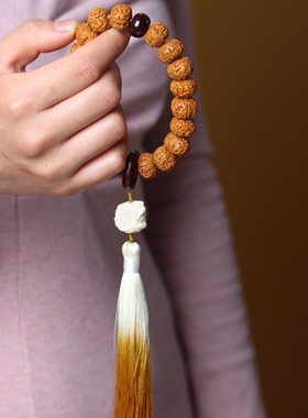 小金刚树王菩提手持单圈配檀木跑环醒狮吊坠流苏手串佛珠男女文玩