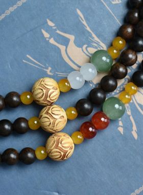 天然沉贵宝木双圈diy手串黄杨木莲花玉石款男女情侣手链饰品佛珠