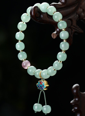 天然绿东陵玉圆珠手串手链玉石佛珠翡翠色绿色单圈民族风情侣饰品