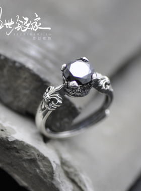 925纯银戒指天然黑玛瑙皇冠开口戒子男女款时尚潮人个性复古指环