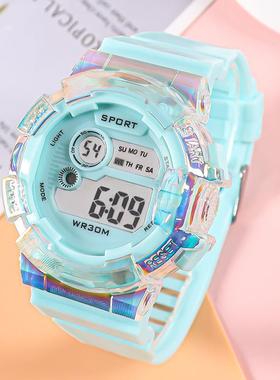 热销新款学生电子手表马卡龙渐变色手表户外防水多功能运动电子表