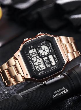 外贸男士手表时尚LED夜光成人学生手表方形钢带运动电子表批发