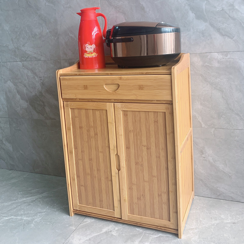 厨房微波炉架简易碗柜茶水柜实木竹子小柜子储物柜带门家用餐边柜 - 图1