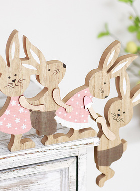 亚马逊跨境新品 复活节家居装饰 ins彩绘跷跷板兔子木质桌面摆件