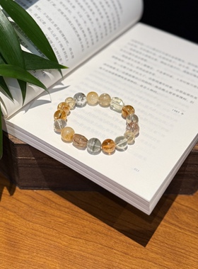 天然水晶多宝手串女款金发晶绿幽灵黄水晶黑金超金木土手链转运珠