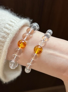 天然7A级白水晶手链女男花珀黄水晶饰品清新百搭好运礼物新年手串