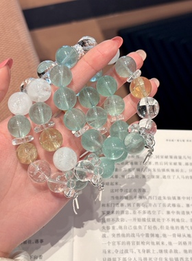 天然绿萤石黄水晶雪花幽灵白水晶多宝手串原创设计女水晶手链礼物