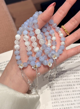 小众设计蓝纹玛瑙雪花幽灵珍珠手链清透温柔风显白女士水晶礼物