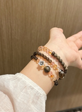 天然茶水晶沉香手链女款单圈手串黑金超七闺蜜礼物招米好运旺事业