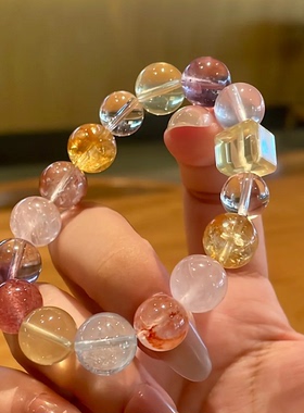 天然水晶多宝手串女款白粉紫黄水晶发晶海蓝宝红胶花手链转运珠串
