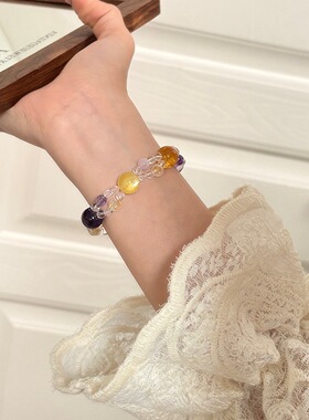 【能量场】天然金锂云母黄胶花紫水晶多宝手串女可爱甜美新款饰品