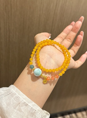 天然蜜蜡多圈手链南红玛瑙海纹石蓝水翡翠高端配珠高级感手链女