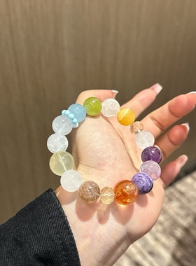 天然水晶多宝手串女款白粉紫黄水晶发晶海蓝宝绿幽灵手链转运珠串