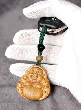 天然香味绿檀木弥勒佛吊坠女款佛像饰品项链佛公笑佛木质挂件定制
