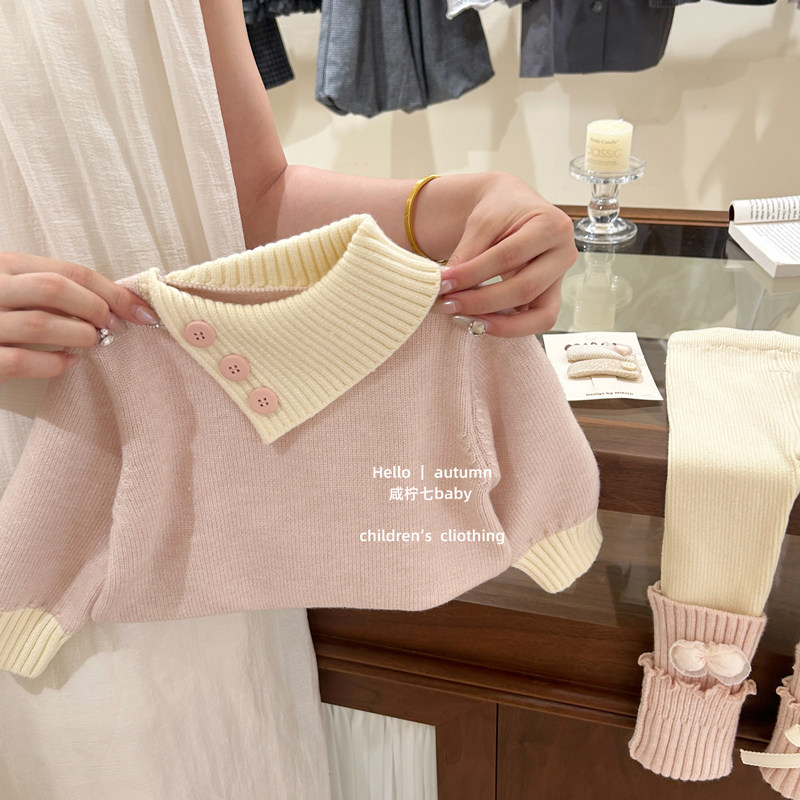 【咸柠七】小甜妹！女童秋冬毛衣针织衫宝宝翻领上衣打底裤两件套,淘宝优惠券,粉丝福利购,淘宝优惠卷