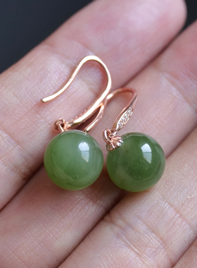 天然和田玉俄料碧玉阳绿微猫眼s925银玫瑰金金镶耳坠生日礼物8z