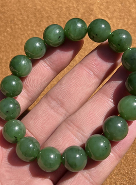 俄罗斯老坑料菠菜绿碧玉卡12mm百搭高级感圆珠手串F
