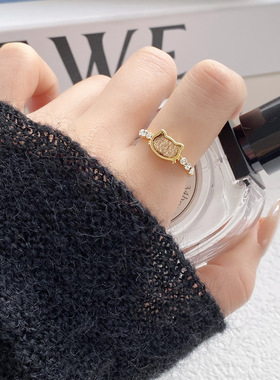 新品个性猫咪头植绒戒指饰品女指环镶锆石时尚潮流开口可调节手饰