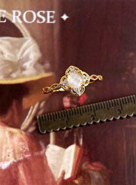 Vintage轻中古法式宫廷风戒指猫眼石食指戒菱形开口可调节指环