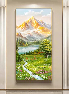 山水装饰画日照金山玄关挂画流水生财入户正对门客厅走廊过道壁画