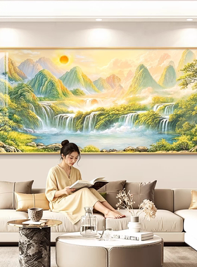 聚宝盆风景客厅装饰画流水生财沙发背景墙挂画日照金山横板壁画