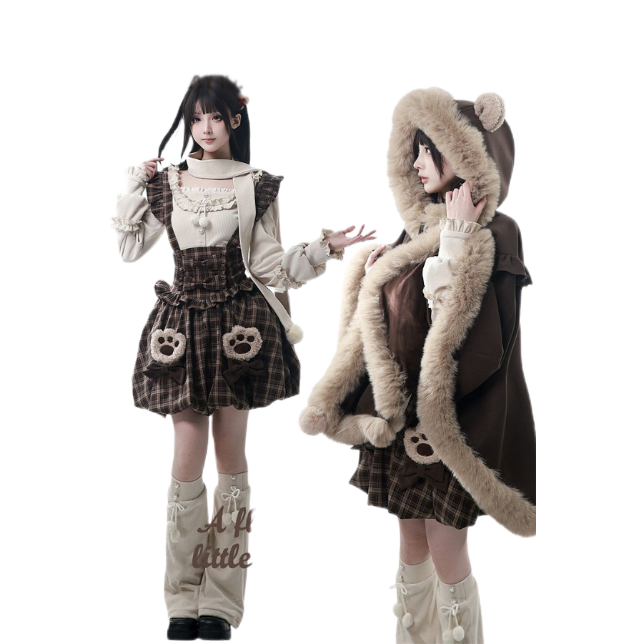 【冬遇巧巧】冬日温暖针织花苞背带裙+内搭(含围脖)+斗篷套装女,淘宝优惠券,粉丝福利购,淘宝优惠卷