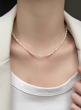 碎银子强光天然巴洛克小珍珠项链女锁骨链简约颈链通体银扣 素银
