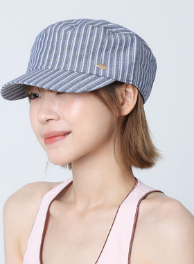 复古蓝色条纹平顶贝雷帽女夏薄款