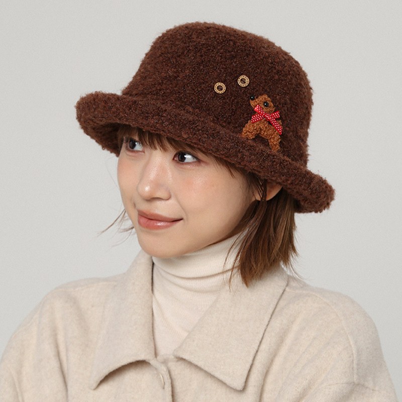 小狗蝴蝶结咖色渔夫帽短檐卷边女秋冬新款保暖护耳毛线帽遮阳盆帽,淘宝优惠券,粉丝福利购,淘宝优惠卷