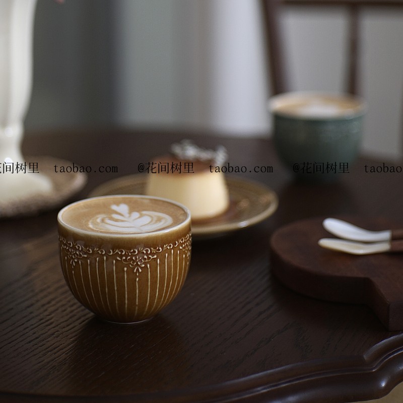 余味。中古风陶瓷手握拿铁咖啡杯水杯茶杯咖啡杯拉花杯蛋杯釉下彩 - 图0