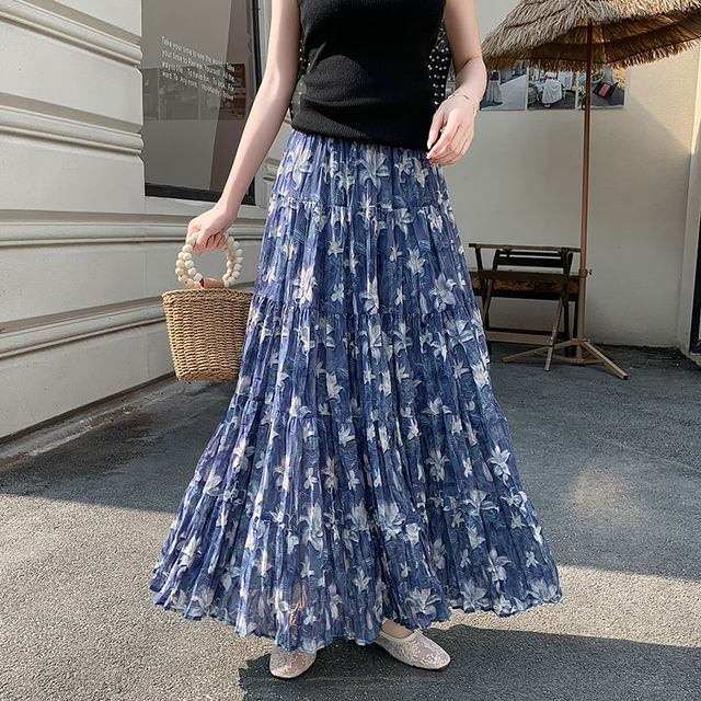 A-line printed floral chiffon skirt