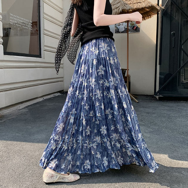 A-line printed floral chiffon skirt