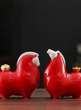 红色陶瓷唐马摆件马年生肖礼品