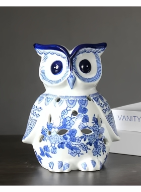 景德镇青花瓷猫头鹰新中式摆件