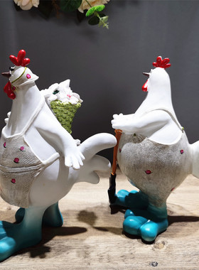 美式田园乡村网格花纹对鸡装饰